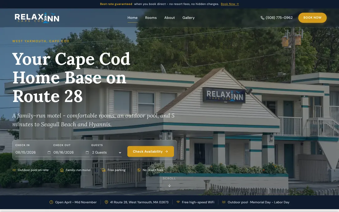 Relax Inn Cape Cod at a 1440 pixel desktop width. A photograph of the motel fills the frame behind the headline Your Cape Cod Home Base on Route 28, and a booking bar runs across the picture with check-in, check-out and guests as three separate labelled fields and a Check Availability button, so a reservation can be started without leaving the first screen.